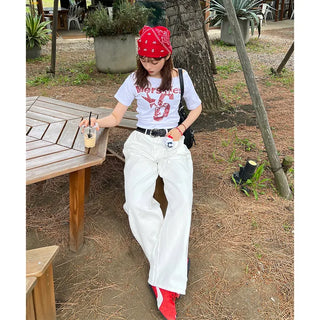 Back embroidered wide cotton pants