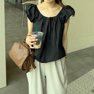 Shirred puff ribbon blouse
