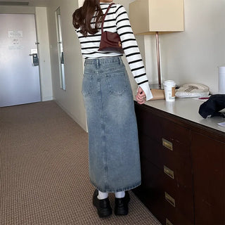 Long slit denim skirt