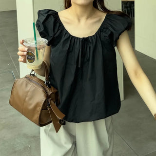 Shirred puff ribbon blouse