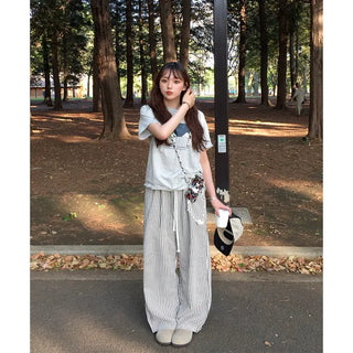 Striped string wide pants