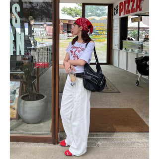 Back embroidered wide cotton pants