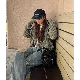(Unisex) Distressed Mesh Hooded Zip-Up