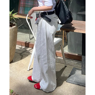 Back embroidered wide cotton pants