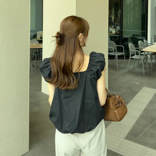 Shirred puff ribbon blouse