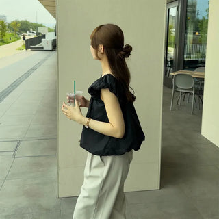 Shirred puff ribbon blouse