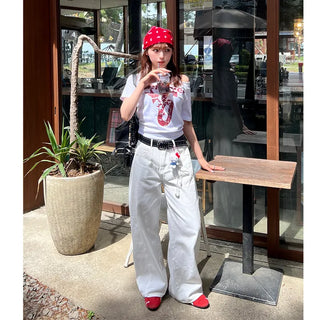 Back embroidered wide cotton pants