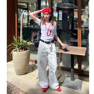 Back embroidered wide cotton pants