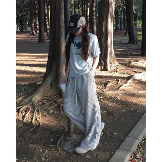 Striped string wide pants