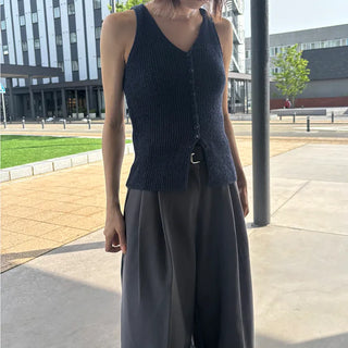 Deep V-neck button tank top