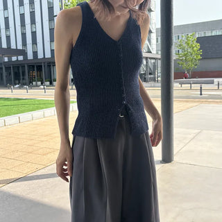Deep V-neck button tank top