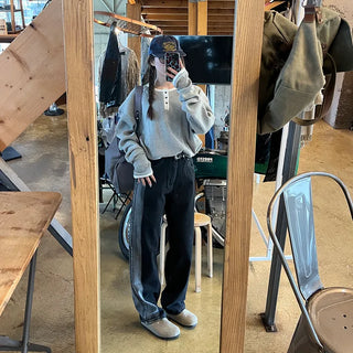 (Unisex) Piping Bicolor Fingerhole Button T-Shirt