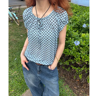 Checked round blouse