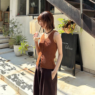 Deep V-neck button tank top