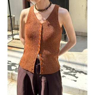 Deep V-neck button tank top