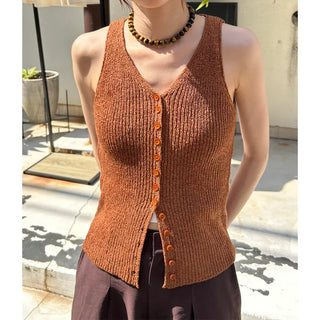 Deep V-neck button tank top