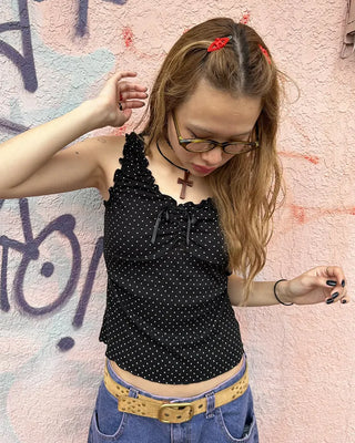 Pindot Ribbon Gathered Elastic Tank Top