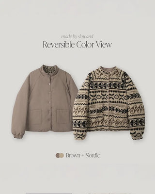 Down jacket x fleece reversible high-neck jacket