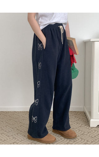 [Fleece-lined] Ribbon lettering elastic waist pants