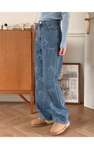 Ribbon pattern wide denim pants