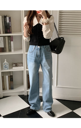Cotton slit wide denim pants