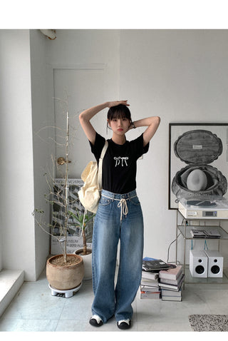Wide string denim pants