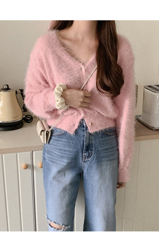 V-neck fluffy knit cardigan