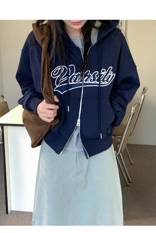 Zip-up jacket with lettering hood