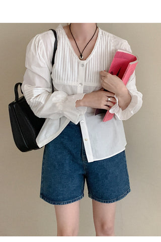 Pleated long-sleeved blouse