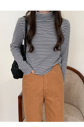 [Fleece-lined] Striped turtleneck long-sleeve T-shirt