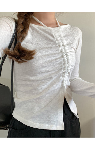 Shirred halter neck long-sleeved T-shirt