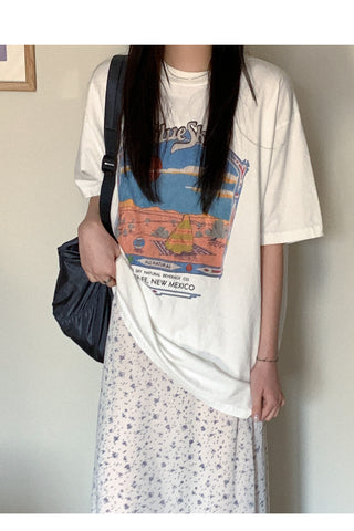 Cotton print oversized short-sleeved T-shirt