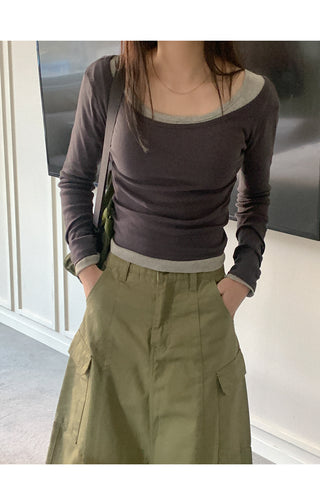 Cotton U-neck long-sleeved T-shirt