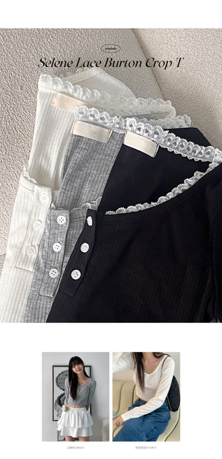 Lace Button Cropped T-Shirt