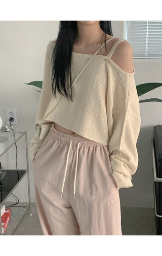 Asymmetrical boat neck cropped knit