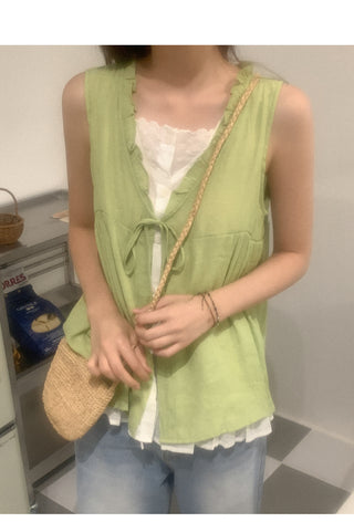 Cotton layered ribbon sleeveless top