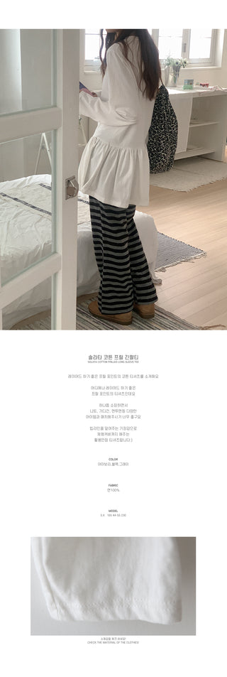 Cotton frill long-sleeved T-shirt