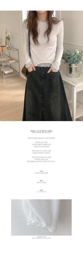 See-through wave long-sleeved T-shirt