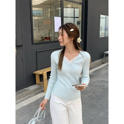 lace bow V-neck Top