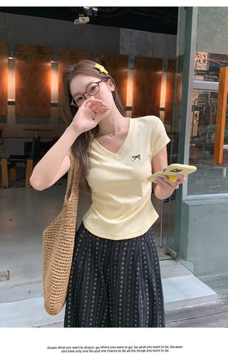 pure V-neck bow Top