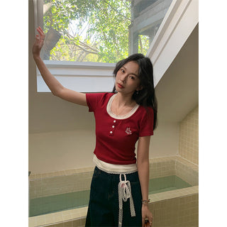 red lace fake Top