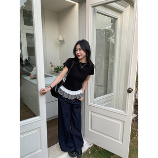 black ruffled patchwork Top