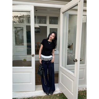 black ruffled patchwork Top