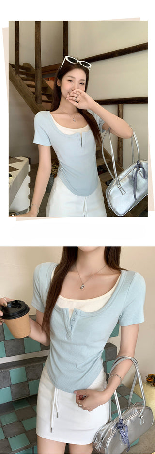blue fake two piece Top