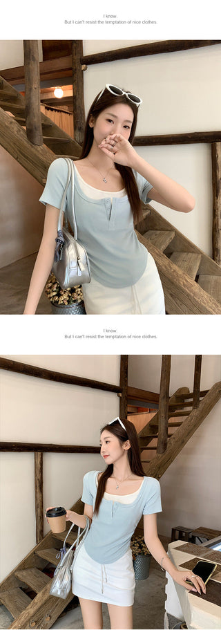 blue fake two piece Top