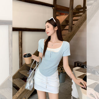 blue fake two piece Top