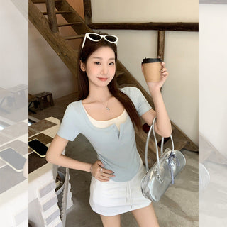 blue fake two piece Top
