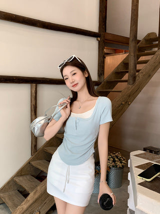 blue fake two piece Top