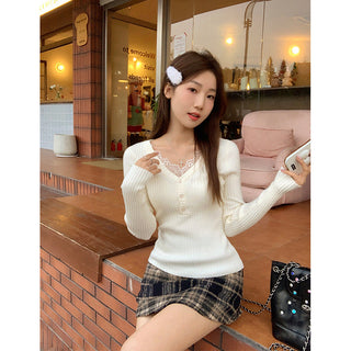 apricot V-neck lace Top