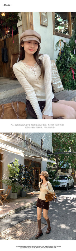 apricot V-neck lace Top